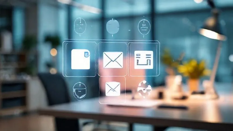 A photorealistic, professional photography, 8K image of a sleek digital interface displaying various automation tool icons (chatbot bubble, calendar, email envelope, CRM dashboard), with a gentle glow, cinematic lighting, sharp focus on the icons, depth of field blurring a modern, minimalist office workspace, shot on a high-end DSLR.