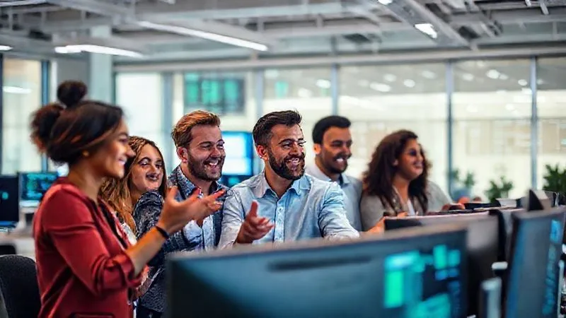 A photorealistic, professional photography, 8K image of a diverse team of professionals collaboratively looking at data on multiple screens, some smiling and gesturing, in a modern, brightly lit office, cinematic lighting, sharp focus on the team and screens, depth of field blurring the background, shot on a high-end DSLR. Emphasize teamwork and technology integration.