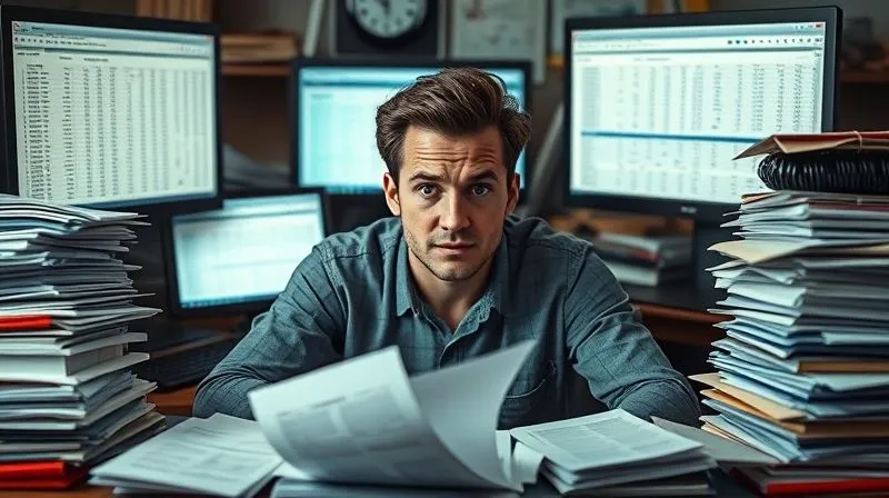 A photorealistic image of a person at a messy desk, surrounded by stacks of papers and multiple open spreadsheets on computer screens, looking overwhelmed and frustrated, symbolizing the chaos of manual dropshipping fulfillment. Cinematic lighting, sharp focus on the person's face, depth of field blurring the background. professional photography, 8K, shot on a high-end DSLR.