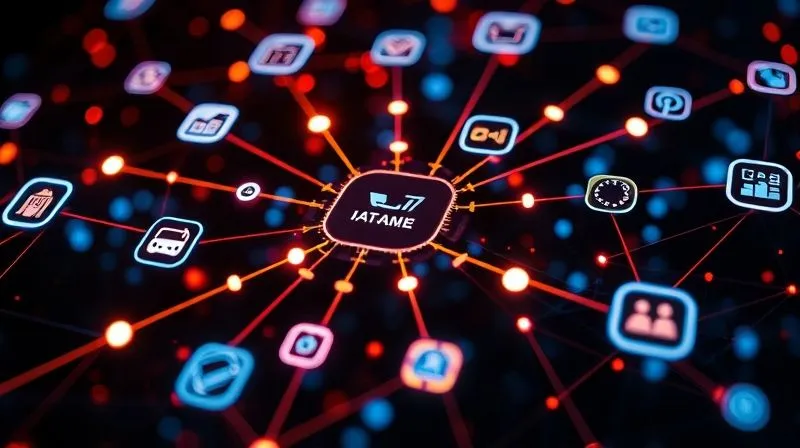 A photorealistic image of a complex but organized digital network, with glowing lines connecting various software icons (e.g., e-commerce platform, OMS, supplier portal), representing seamless data flow and integration. Cinematic lighting, sharp focus on the central connections, depth of field blurring the peripheral icons. professional photography, 8K, shot on a high-end DSLR.