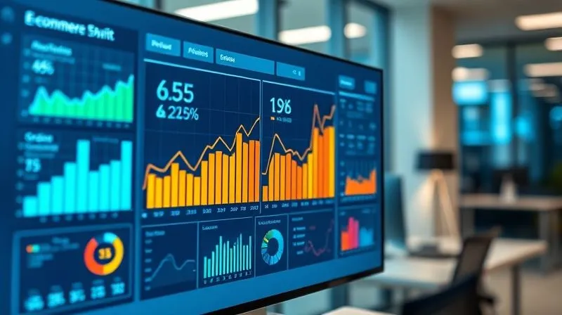 A photorealistic image of a sleek, modern digital dashboard displaying various e-commerce metrics like sales growth, order fulfillment rates, and customer satisfaction scores. The screen shows vibrant charts and graphs with an upward trend, indicating successful automation. Cinematic lighting, sharp focus on the data visualization, depth of field blurring a contemporary office background. professional photography, 8K, shot on a high-end DSLR.