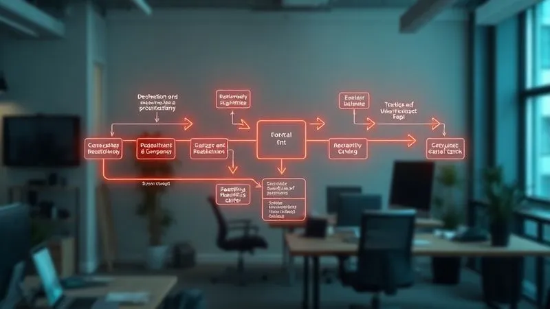 A photorealistic flowchart diagram with glowing digital arrows highlighting bottlenecks and repetitive tasks within a business process, set against a backdrop of a modern, minimalist office. Professional photography, 8K, cinematic lighting, sharp focus, depth of field, shot on a high-end DSLR