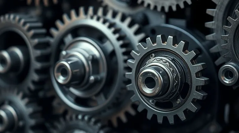 A photorealistic image of a complex gear system with some gears moving smoothly and others stuck, symbolizing efficient and inefficient scaling. Cinematic lighting, sharp focus on the moving gears, depth of field blurring the background, 8K hyper-detailed, shot on a high-end DSLR.