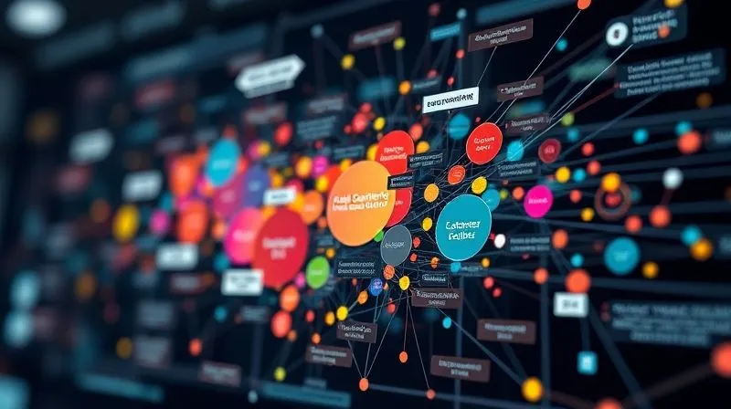 A photorealistic image of a complex data visualization showing different customer segments represented by distinct, color-coded clusters, with lines connecting them to personalized marketing messages. Cinematic lighting, sharp focus on the clusters, depth of field blurring the background, 8K hyper-detailed, shot on a high-end DSLR.