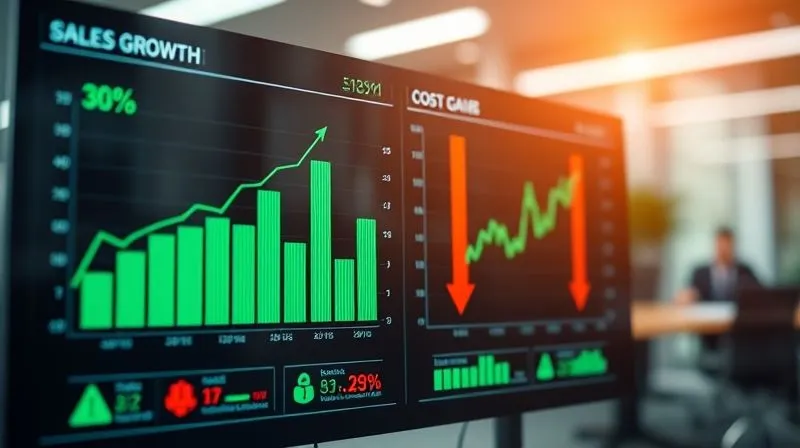 A photorealistic image of a digital dashboard showing clear positive trends in sales growth and cost reduction, with green up arrows and red down arrows respectively. Cinematic lighting, sharp focus on the data, depth of field blurring a background of a modern office, 8K hyper-detailed, shot on a high-end DSLR.