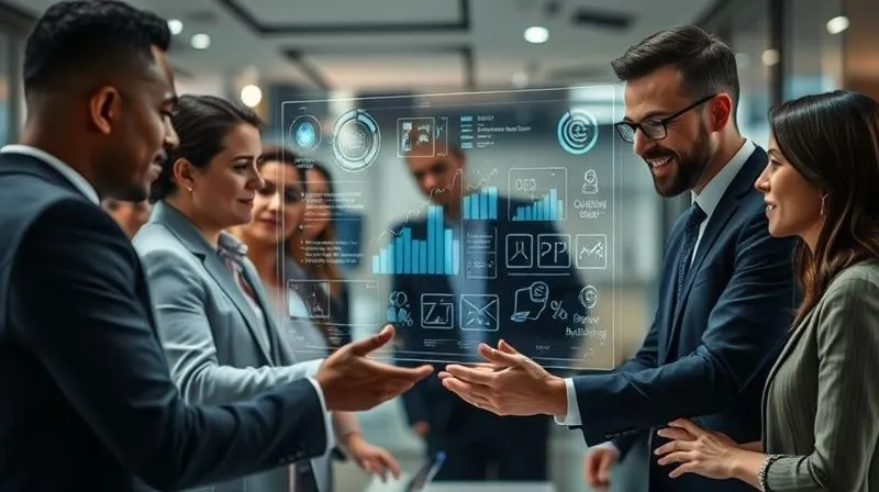 A photorealistic image of diverse business professionals collaborating around a holographic interface displaying data and automated workflows, symbolizing human-technology synergy. Cinematic lighting, sharp focus on the interaction, depth of field blurring a modern office setting, 8K hyper-detailed, shot on a high-end DSLR.