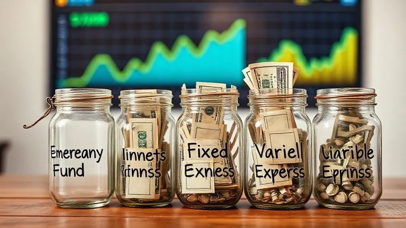 A photorealistic image of several glass jars labeled 'Emergency Fund', 'Investments', 'Fixed Expenses', 'Variable Expenses', with money being carefully placed into them. The jars are on a wooden table, with a blurred digital financial dashboard in the background showing positive growth. cinematic lighting, sharp focus on the jars, depth of field, 8K hyper-detailed, professional photography, shot on a high-end DSLR.