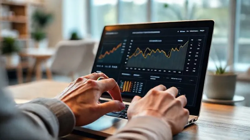 A photorealistic image of a person's hands interacting with a detailed financial dashboard on a laptop, displaying various graphs and charts for income and expenses over time. The screen shows a clear trend line for variable income with projected future earnings. The background is a modern home office with natural light. cinematic lighting, sharp focus on the screen and hands, depth of field, 8K hyper-detailed, professional photography, shot on a high-end DSLR.