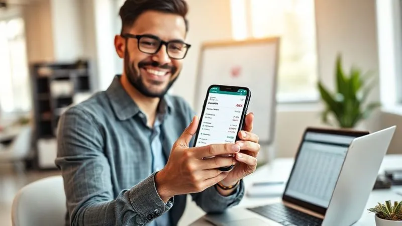 A photorealistic image of a smiling professional freelancer, in a bright modern office, confidently using a budgeting app on a smartphone. The app screen clearly displays categorized expenses and income, with a positive overall financial status. A laptop with a financial spreadsheet is open in the background. cinematic lighting, sharp focus on the smartphone, depth of field, 8K hyper-detailed, professional photography, shot on a high-end DSLR.