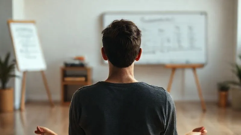 A photorealistic image of a person meditating calmly in a well-lit, minimalist room, with a subtle glow around their head symbolizing clarity and focus. In the background, a blurred but visible whiteboard shows financial goals and a timeline. The atmosphere is peaceful and determined. cinematic lighting, sharp focus on the person, depth of field, 8K hyper-detailed, professional photography, shot on a high-end DSLR.