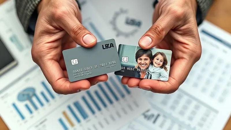 A photorealistic image of two distinct hands, one holding a sleek, modern business credit card with a company logo, and the other holding a personal credit card with a family photo. The cards are held side-by-side, clearly distinct, against a blurred background of financial documents. Cinematic lighting, sharp focus on the cards, depth of field, 8K hyper-detailed, professional photography, shot on a high-end DSLR.