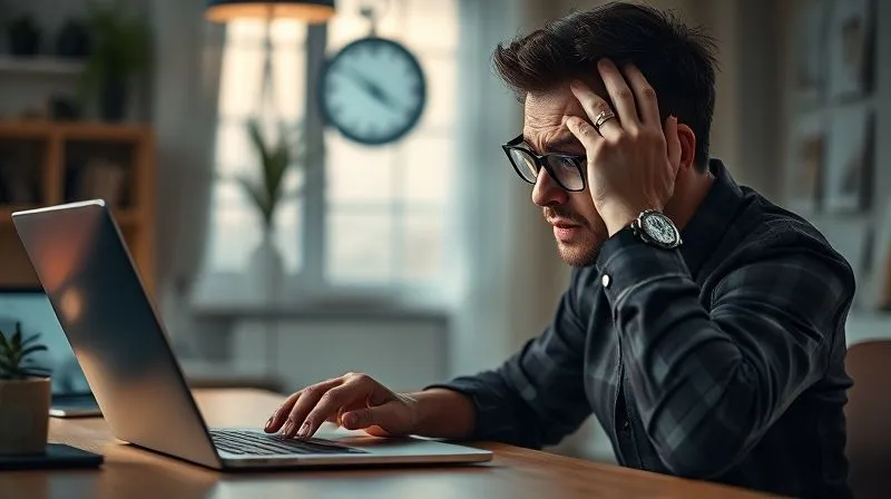 A photorealistic image of a frustrated freelancer looking at an empty calendar on a laptop, hands on head, with a subtle overlay of a ticking clock. The scene is a modern home office, cinematic lighting, sharp focus on the freelancer's expression, depth of field blurring the background, 8K hyper-detailed, shot on a high-end DSLR.