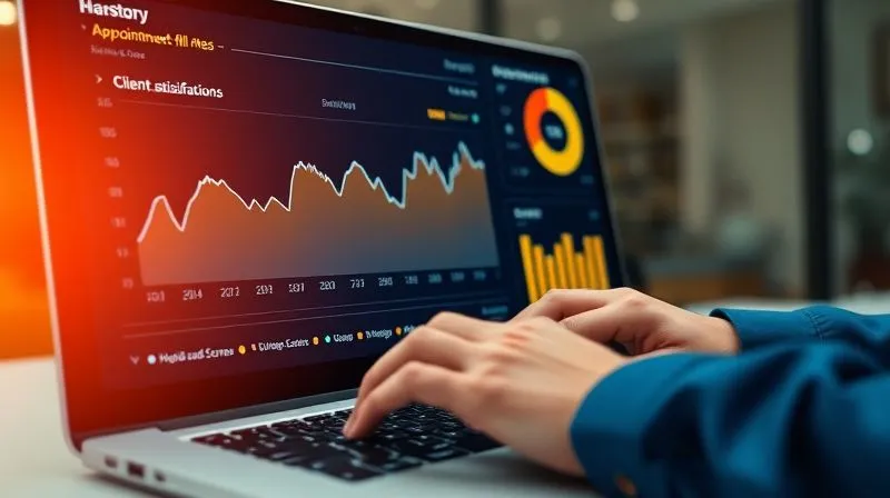 A photorealistic image of a sophisticated digital dashboard displaying various metrics: no-show rates, appointment fill rates, and client satisfaction scores, all trending positively. The screen is vibrant, reflecting a sense of achievement and control. Cinematic lighting, sharp focus on the dashboard, depth of field blurring a professional's hands typing on a keyboard, 8K hyper-detailed, shot on a high-end DSLR.