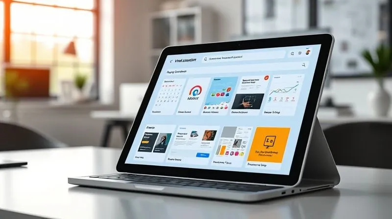 A photorealistic image of a virtual assistant's digital portfolio displayed on a tablet, showcasing various projects like social media management dashboards, organized calendars, and graphic designs. The tablet is on a clean, minimalist desk with a professional background, cinematic lighting, sharp focus on the screen content, depth of field blurring the office, 8K hyper-detailed, professional photography, shot on a high-end DSLR.