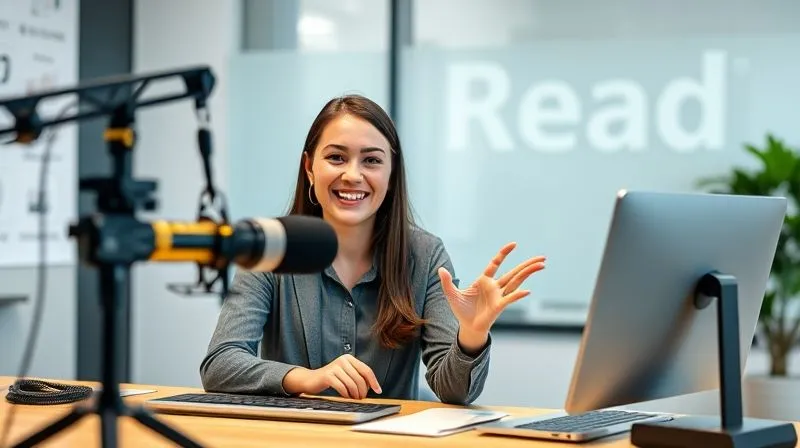 A photorealistic image of a virtual assistant recording a video for her blog, sitting at a modern desk with a professional microphone and camera setup. She is smiling and gesturing naturally, with a clean, branded background behind her. Cinematic lighting, sharp focus on the assistant, depth of field blurring the background, 8K hyper-detailed, professional photography, shot on a high-end DSLR.