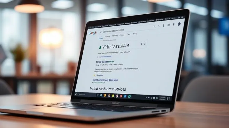 A photorealistic image of a laptop screen displaying Google search results for "virtual assistant services", with a prominent website listing at the top. The screen is in a modern office setting, with a subtle glow, cinematic lighting, sharp focus on the search results, depth of field blurring the background, 8K hyper-detailed, professional photography, shot on a high-end DSLR.