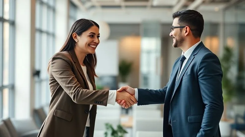 A photorealistic image of a virtual assistant shaking hands with a satisfied client in a modern, brightly lit office. Both are smiling, conveying trust and a successful partnership. Cinematic lighting, sharp focus on the handshake, depth of field blurring the office background, 8K hyper-detailed, professional photography, shot on a high-end DSLR.