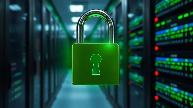 A photorealistic image of a digital padlock icon glowing with green light, superimposed over a blurred background of encrypted data streams and server racks. The padlock symbolizes strong security and data protection for an e-commerce website. Cinematic lighting, sharp focus, depth of field, 8K hyper-detailed, professional photography, shot on a high-end DSLR.