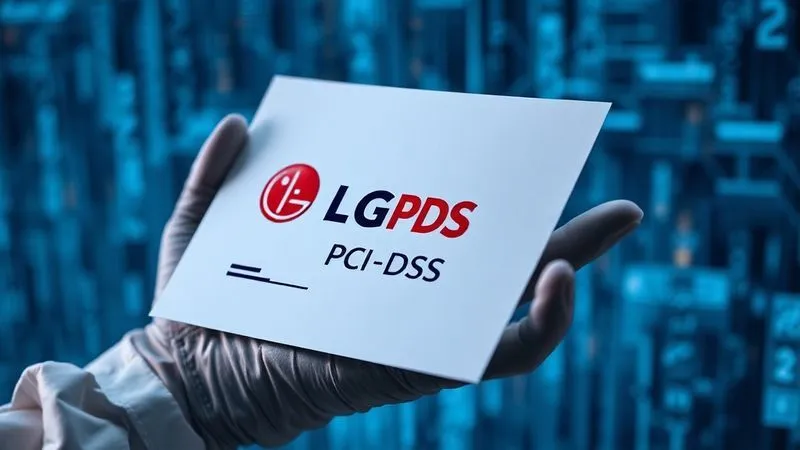 A photorealistic image of a digital document with a stylized 'LGPD' and 'PCI DSS' logo, surrounded by glowing lines of data and a secure blockchain-like pattern. The document is held by a hand wearing a professional glove, symbolizing careful handling of sensitive information. Cinematic lighting, sharp focus, depth of field, 8K hyper-detailed, professional photography, shot on a high-end DSLR.