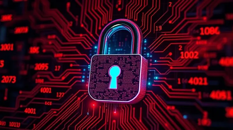 A photorealistic close-up of a digital lock with intricate, glowing circuits, surrounded by a swarm of abstract, red, malicious code symbols attempting to crack it. The lock is strong and resilient, with cinematic lighting emphasizing its robustness against the shadowy threats. 8K hyper-detailed, shot on a high-end DSLR.