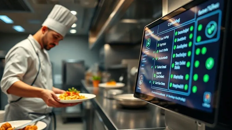 A photorealistic, dynamic image of a modern lanchonete kitchen. On the left, a chef is expertly plating a dish. On the right, a digital screen displays incoming orders clearly, with green checkmarks indicating completed items. The scene is bustling but organized, with cinematic lighting emphasizing efficiency and technology. Sharp focus on the digital screen and chef, depth of field blurring the background. 8K hyper-detailed, professional photography.