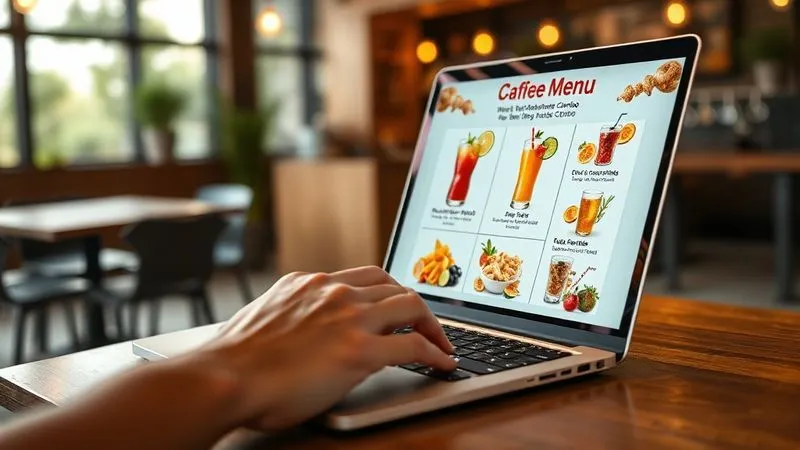 A photorealistic image of a person's hand using a laptop to quickly update a digital menu interface, showing new seasonal items like a 'Summer Refreshment Combo' with vibrant fruit drinks and light snacks. The background is a modern cafe setting. Cinematic lighting, sharp focus on the laptop screen and hand, depth of field blurring the background. 8K hyper-detailed, professional photography.