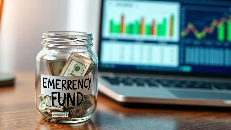 Photorealistic, professional photography, 8K, cinematic lighting, sharp focus, depth of field, shot on a high-end DSLR. A clear glass jar labeled 'Emergency Fund' filled with various denominations of cash, sitting on a wooden desk next to a laptop with a financial dashboard, emphasizing stability and preparation.