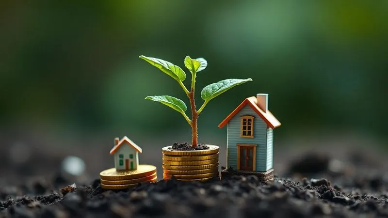 Photorealistic, professional photography, 8K, cinematic lighting, sharp focus, depth of field, shot on a high-end DSLR. A stylized representation of diverse investment assets – a small stack of gold coins, a miniature house, a tiny stock market graph, and a digital 'bit' icon – all converging into a single, growing plant seedling, symbolizing diversification and growth from small beginnings.