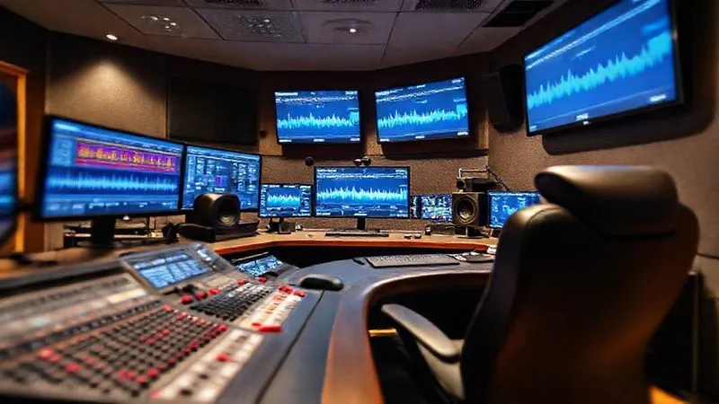 A photorealistic image of a modern, professional radio studio control room, with multiple monitors displaying audio waveforms and scheduling software, a high-end mixing console, and a comfortable chair, cinematic lighting, sharp focus on the equipment, depth of field blurring the background, 8K hyper-detailed, professional photography.