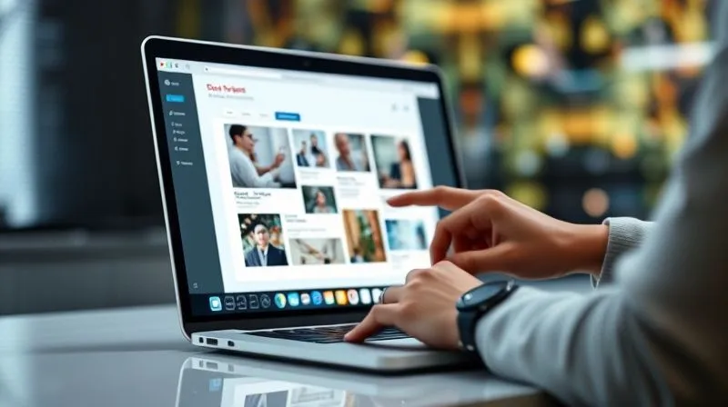 A photorealistic image of a person meticulously organizing digital content blocks on a clean, modern website interface, with a clear focus on a laptop screen. The background shows a blurred, vibrant digital ecosystem. Cinematic lighting, sharp focus, depth of field, 8K hyper-detailed.