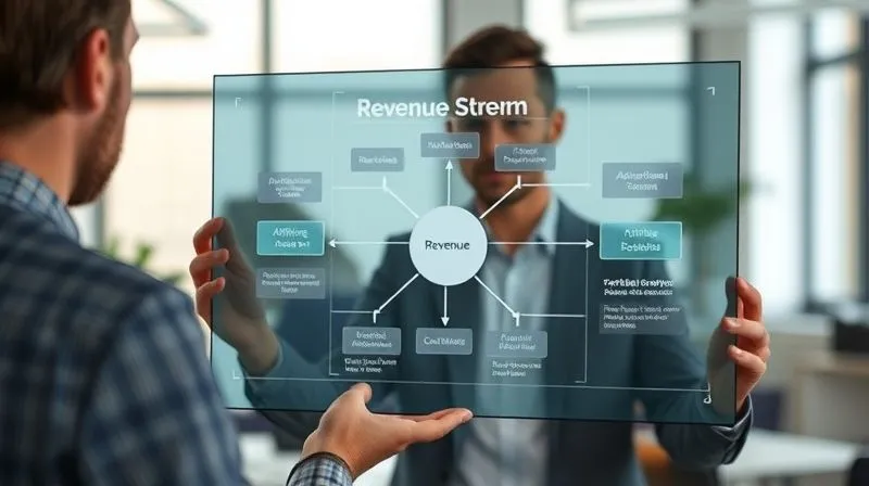 A photorealistic, professional photography of a digital marketer presenting a multi-faceted revenue stream diagram on a transparent screen, showing interconnected paths for affiliate sales, digital products, and consulting services. The background is a modern, minimalist office space. Cinematic lighting, sharp focus on the screen and presenter, depth of field, 8K hyper-detailed.