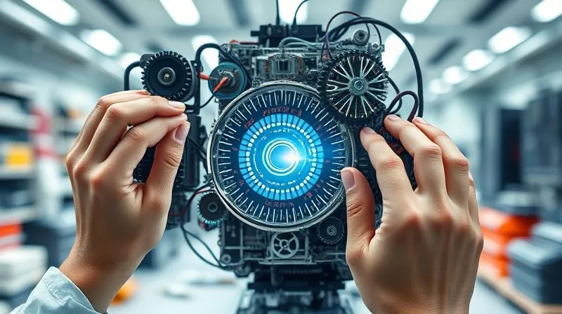 A photorealistic image of a person's hands meticulously assembling intricate gears and circuits, forming a complex yet stable digital machine, with a bright, confident light emanating from its core. The background is a clean, futuristic workshop. Cinematic lighting, sharp focus on the hands and machine, depth of field blurring the background, 8K hyper-detailed.