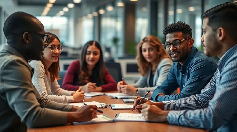 A photorealistic image of a diverse group of people engaged in a focused discussion, sitting around a table with notebooks and pens, representing customer discovery and problem validation. Cinematic lighting highlights their expressions of thoughtful engagement, sharp focus on their faces, depth of field blurring a modern office background. 8K hyper-detailed, professional photography, shot on a high-end DSLR.