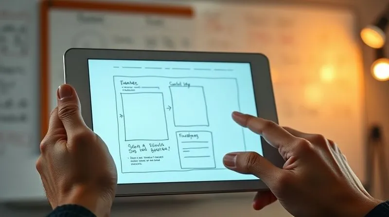 A photorealistic image of a hand holding a tablet displaying a wireframe sketch of a mobile application, with another hand pointing at a specific element on the screen, representing user feedback on a low-fidelity prototype. Cinematic lighting, sharp focus on the tablet and hands, depth of field blurring a brainstorming whiteboard in the background. 8K hyper-detailed, professional photography, shot on a high-end DSLR.