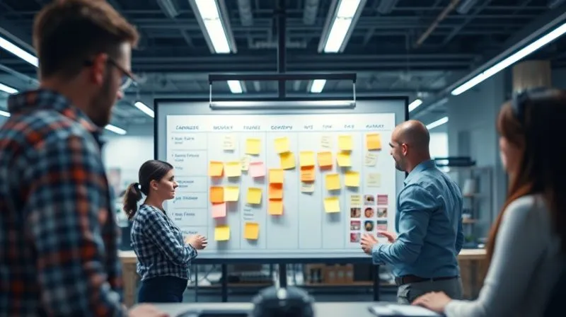 A photorealistic image of a development team collaborating around a kanban board, with sticky notes representing tasks in different stages (to do, in progress, done), illustrating agile development and rapid iteration. Cinematic lighting, sharp focus on the board and team members interacting, depth of field blurring a modern tech office. 8K hyper-detailed, professional photography, shot on a high-end DSLR.