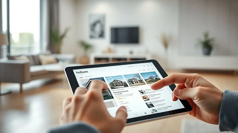 A photorealistic, professional photography, 8K, cinematic lighting, sharp focus, depth of field, shot on a high-end DSLR of a clean, minimalist real estate website interface on a tablet, with a finger gently scrolling through property listings. The design emphasizes clear calls-to-action and high-quality property images. In the background, a modern living room setting is slightly blurred, suggesting the dream home. The mood is calm, efficient, and inspiring.