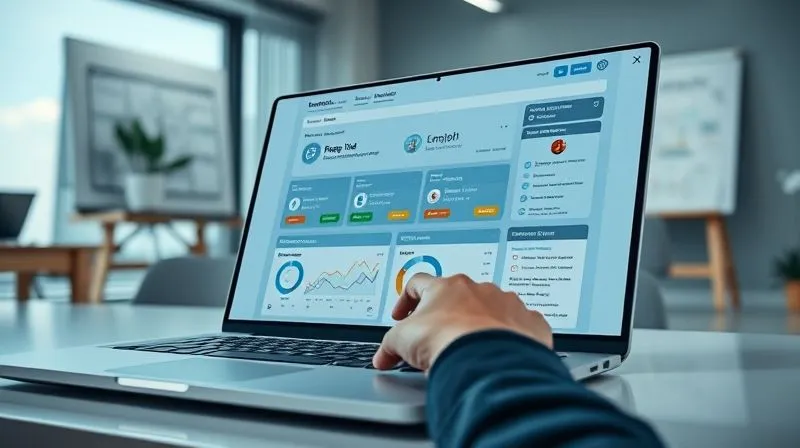 A photorealistic, professional photography, 8K, cinematic lighting, sharp focus, depth of field, shot on a high-end DSLR of a sleek, modern CRM dashboard on a laptop screen, displaying lead funnels, contact information, and automated follow-up tasks. A professional hand is interacting with a mouse, highlighting a new lead. In the background, a subtle, blurred office environment with a whiteboard showing sales goals. The mood is organized, efficient, and growth-oriented.