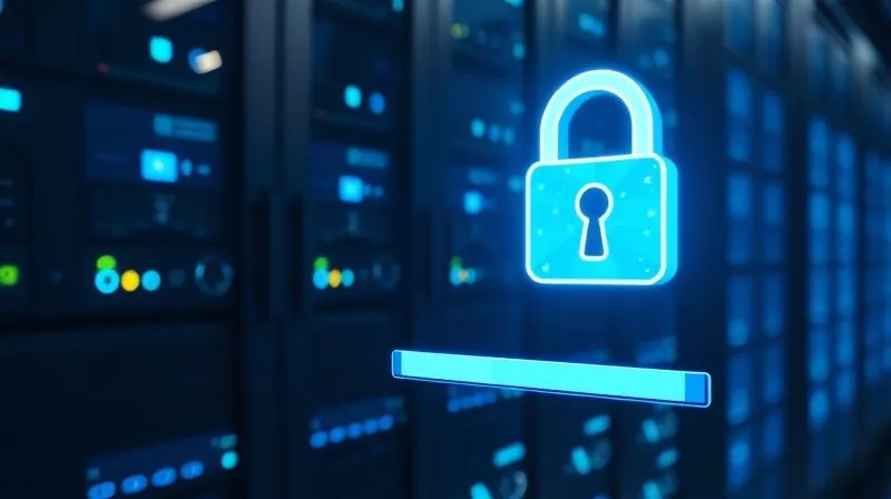 A photorealistic, professional photography, 8K, cinematic lighting, sharp focus, depth of field, shot on a high-end DSLR of a server rack with glowing blue lights, symbolizing speed and data processing. A padlock icon is subtly integrated into the light, representing security. In the foreground, a digital representation of a website loading bar quickly filling up, demonstrating high performance. The mood is high-tech, secure, and efficient.