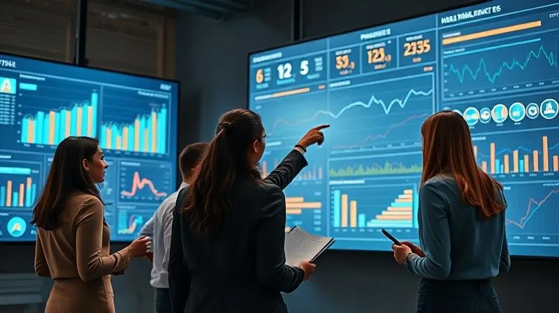 A photorealistic, professional photography, 8K, cinematic lighting, sharp focus, depth of field, shot on a high-end DSLR of a diverse team of professionals collaboratively analyzing real estate market data on large, interactive screens. Bar charts, line graphs, and heatmaps are visible, showing trends in property values and lead conversion rates. One person points to a key metric, while others take notes. The atmosphere is focused, analytical, and forward-looking.