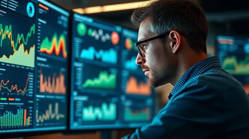 A photorealistic, professional photography image of a data analyst meticulously examining a complex dashboard with various charts and graphs on multiple screens, reflecting deep analysis of customer journey and conversion funnels. Cinematic lighting creates a focused atmosphere, sharp focus on the screens and the analyst's face, depth of field blurring the modern office background. 8K hyper-detailed, shot on a high-end DSLR, conveying intelligence and precision.