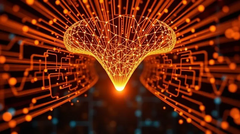 A photorealistic, professional photography image of a complex digital funnel glowing with data streams, leading to a vibrant 'conversion' point at the bottom. The funnel is composed of interconnected glowing lines and subtle digital elements, representing data flow and optimization. Cinematic lighting, sharp focus on the entire funnel, depth of field blurring a background of abstract digital circuits. 8K hyper-detailed, shot on a high-end DSLR, symbolizing efficiency and growth.
