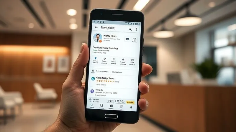 A photorealistic, professional photography shot of a smartphone screen displaying a Google My Business profile for a medical clinic. The profile is fully optimized with high-resolution photos, accurate contact information, opening hours, and several five-star reviews. Cinematic lighting highlights the screen, sharp focus on the details, with a blurred background of a modern clinic reception. 8K hyper-detailed, depth of field, shot on a high-end DSLR.