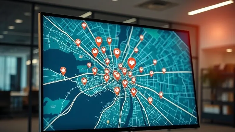A photorealistic, professional photography shot of a detailed map of a city, with multiple glowing pins marking medical clinics. The map is displayed on a large, modern monitor in a sleek office setting. Cinematic lighting accentuates the pins and map details, creating a sense of precision and reach. Sharp focus on the map, with a soft depth of field blurring the background. 8K hyper-detailed, shot on a high-end DSLR.