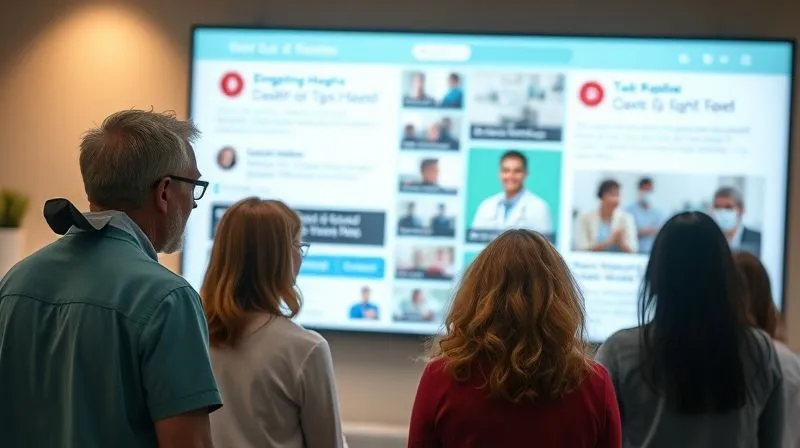A photorealistic image of a diverse group of people (patients and medical staff) interacting positively on a social media feed displayed on a large, high-resolution screen. The content on the feed includes engaging health tips, a live Q&A session with a doctor, and patient testimonials. Cinematic lighting highlights the screen, sharp focus on the engaging content, with a blurred background suggesting a community or clinic setting. 8K hyper-detailed, depth of field, shot on a high-end DSLR.