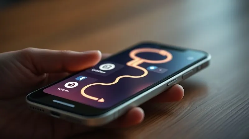 A photorealistic, detailed infographic showing a winding, non-linear customer journey on a smartphone screen, with icons representing social media interactions, content consumption, and finally a shopping cart. Cinematic lighting, sharp focus on the journey path, depth of field blurring the background elements. 8K hyper-detailed, professional photography, shot on a high-end DSLR.