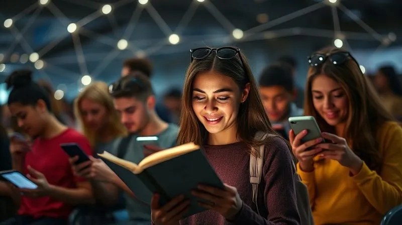 A photorealistic image of a diverse group of people actively engaging with content on their smartphones, with glowing lines connecting them in a network of interaction. In the foreground, a person smiles genuinely while reading. Cinematic lighting, sharp focus, depth of field. 8K hyper-detailed, professional photography, shot on a high-end DSLR.