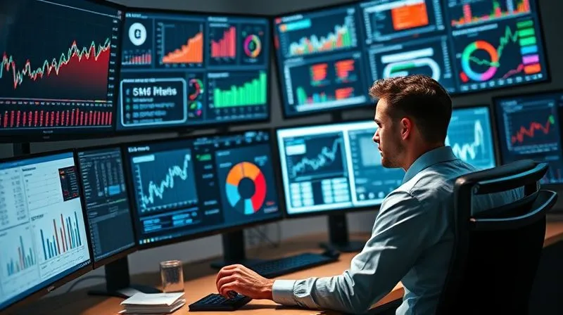 A photorealistic image of a person at a desk, surrounded by multiple monitor screens displaying various data charts, graphs, and social media feeds. The person is actively analyzing data with a thoughtful expression, surrounded by a subtle aura of innovation and problem-solving. Cinematic lighting, sharp focus on the person and screens, depth of field. 8K hyper-detailed, professional photography, shot on a high-end DSLR.
