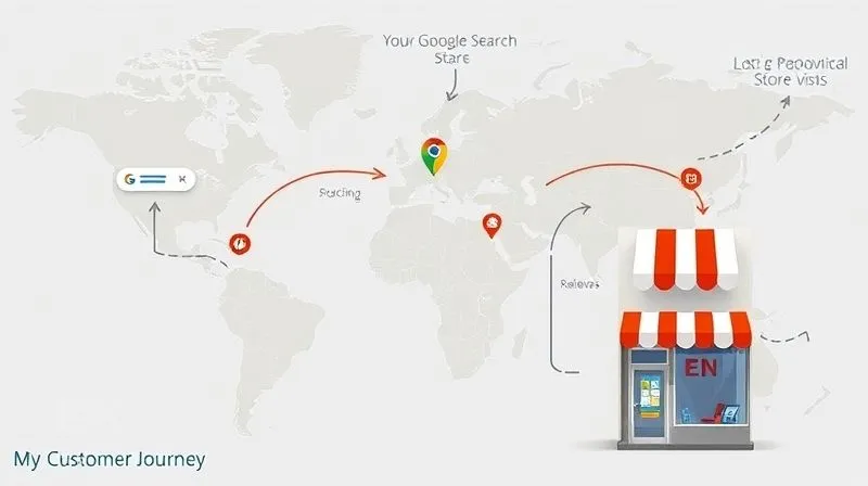 Photorealistic image of a customer journey map specifically for local businesses, illustrating the path from online search to physical store visit, with icons representing Google search, maps, social media, reviews, and a storefront. The map should be clean, professional, and visually engaging, with arrows indicating flow. Cinematic lighting, sharp focus, depth of field, 8K hyper-detailed, professional photography, shot on a high-end DSLR.