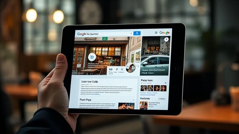 Photorealistic image of a well-optimized Google My Business profile displayed on a tablet screen, showing high-quality photos of a local business (e.g., a charming café or a professional service office), positive reviews, accurate contact information, and an active 'Posts' section. The tablet is held in a professional setting, with cinematic lighting, sharp focus on the screen, depth of field blurring the background, 8K hyper-detailed, professional photography, shot on a high-end DSLR.