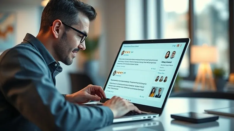 Photorealistic image of a business owner thoughtfully responding to online customer reviews on a laptop, with a mix of positive and constructive feedback visible on the screen. The setting is a clean, modern office, with cinematic lighting highlighting the owner's focus and dedication. Sharp focus on the laptop screen, depth of field blurring the background, 8K hyper-detailed, professional photography, shot on a high-end DSLR.